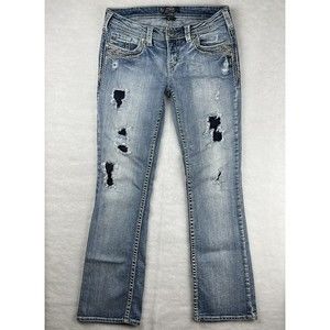 Silver Jeans Aiko Mid Boot Women’s Size 30x33 Light Wash Blue Denim Distressed